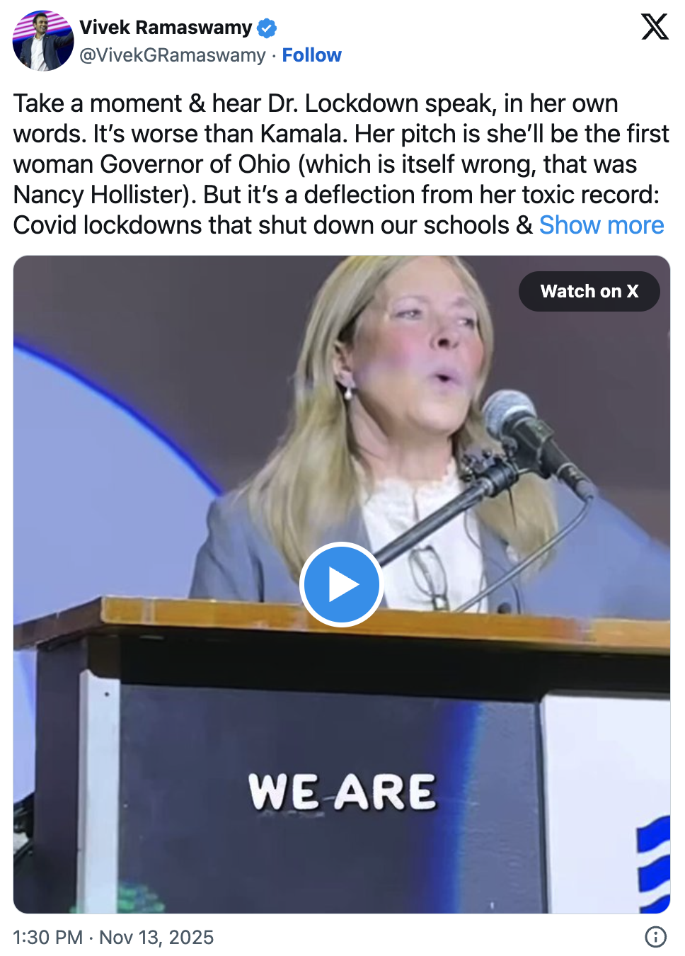 Screenshot of Vivek Ramaswamy X post criticizing Amy Acton’s lockdown record, showing her speaking at a podium
