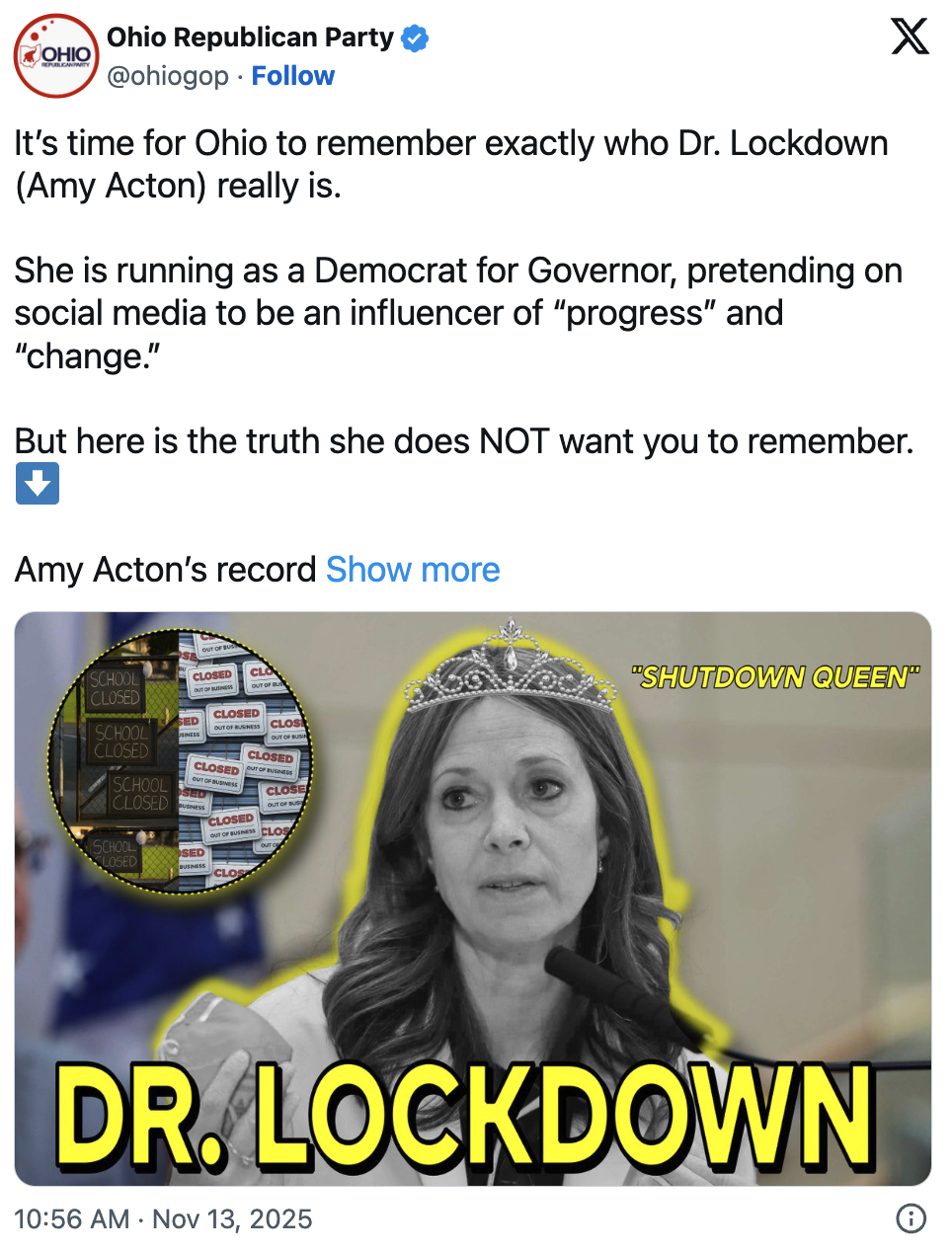 Screenshot of Ohio GOP X post highlighting Amy Acton’s lockdown record with a graphic labeling her 'Dr. Lockdown' and referencing school and business closures