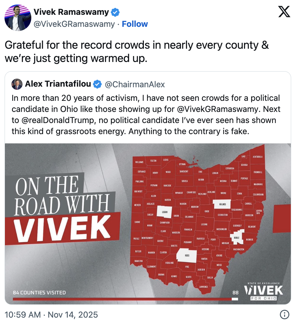 Screenshot of Vivek Ramaswamy’s X post thanking Ohioans for record crowds, featuring a county map graphic showing his visits across the state