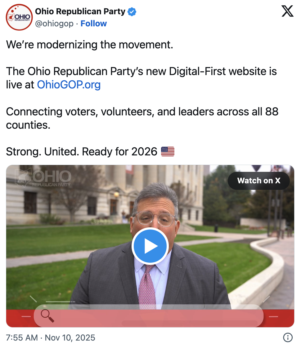 Screenshot of Alex Triantafilou X post highlighting launch of OhioGOP.org