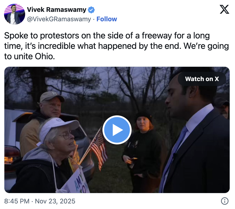 Vivek Meets with Protestors on Ohio Freeway
