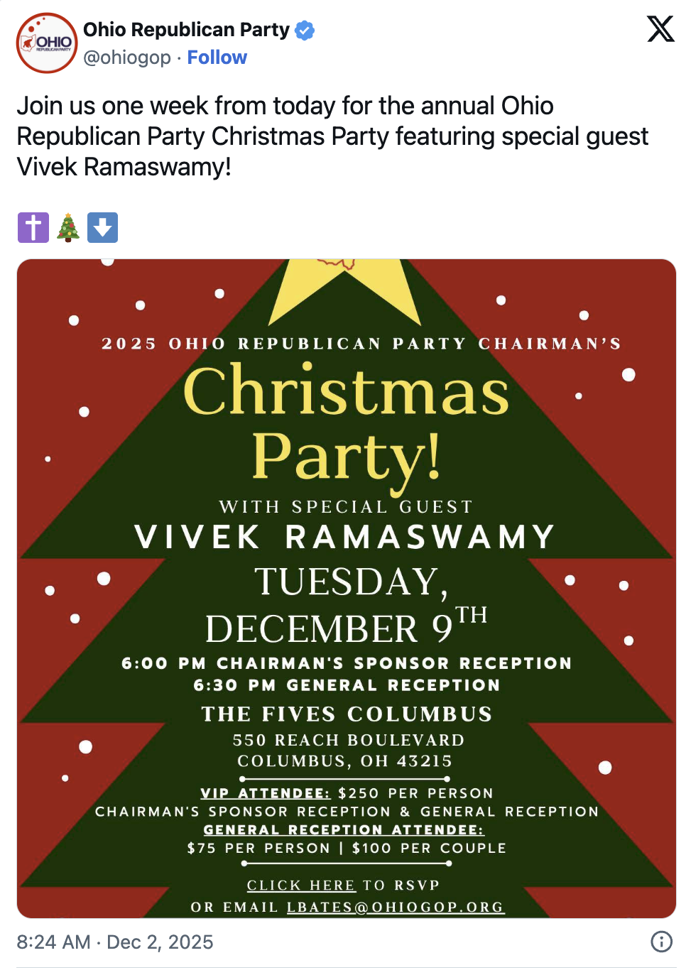 Ohio GOP Christmas Party Featuring Vivek Ramaswamy