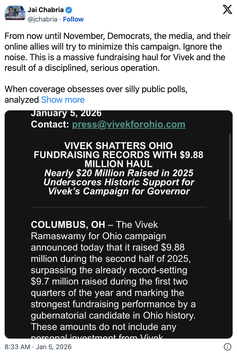 Vivek Breaks Ohio Fundraising Records for 2025