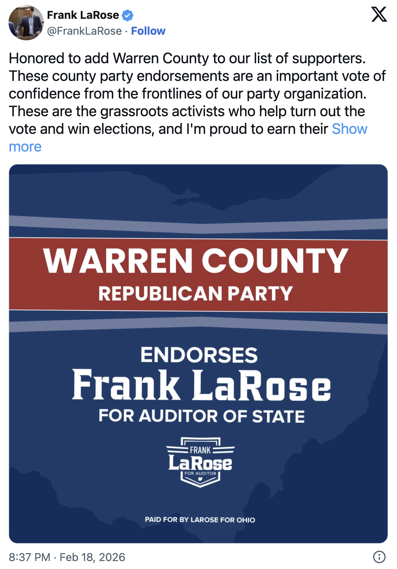 Warren County Backs Frank LaRose for Auditor