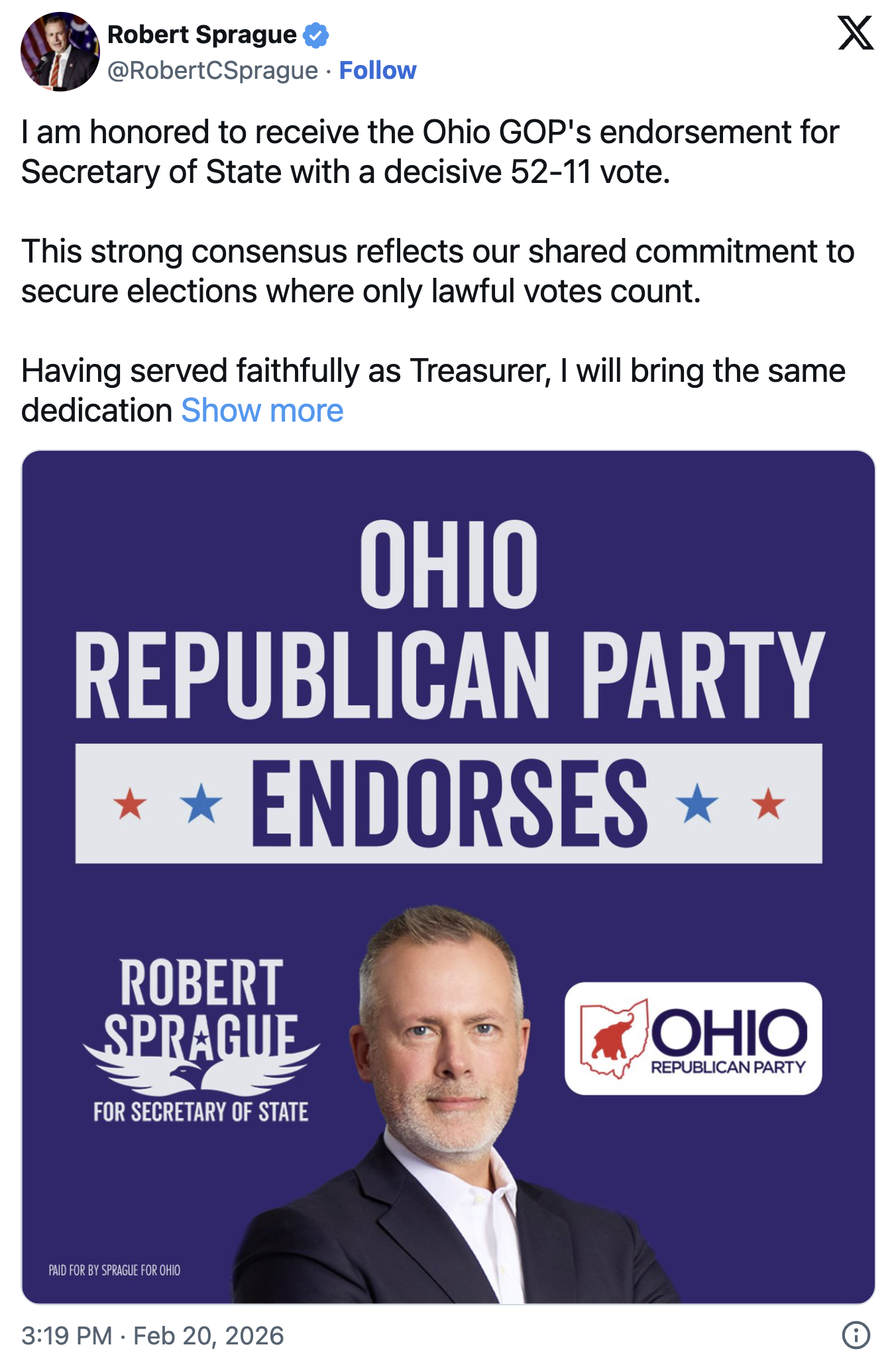 Ohio GOP Confirms Support for Secretary of State