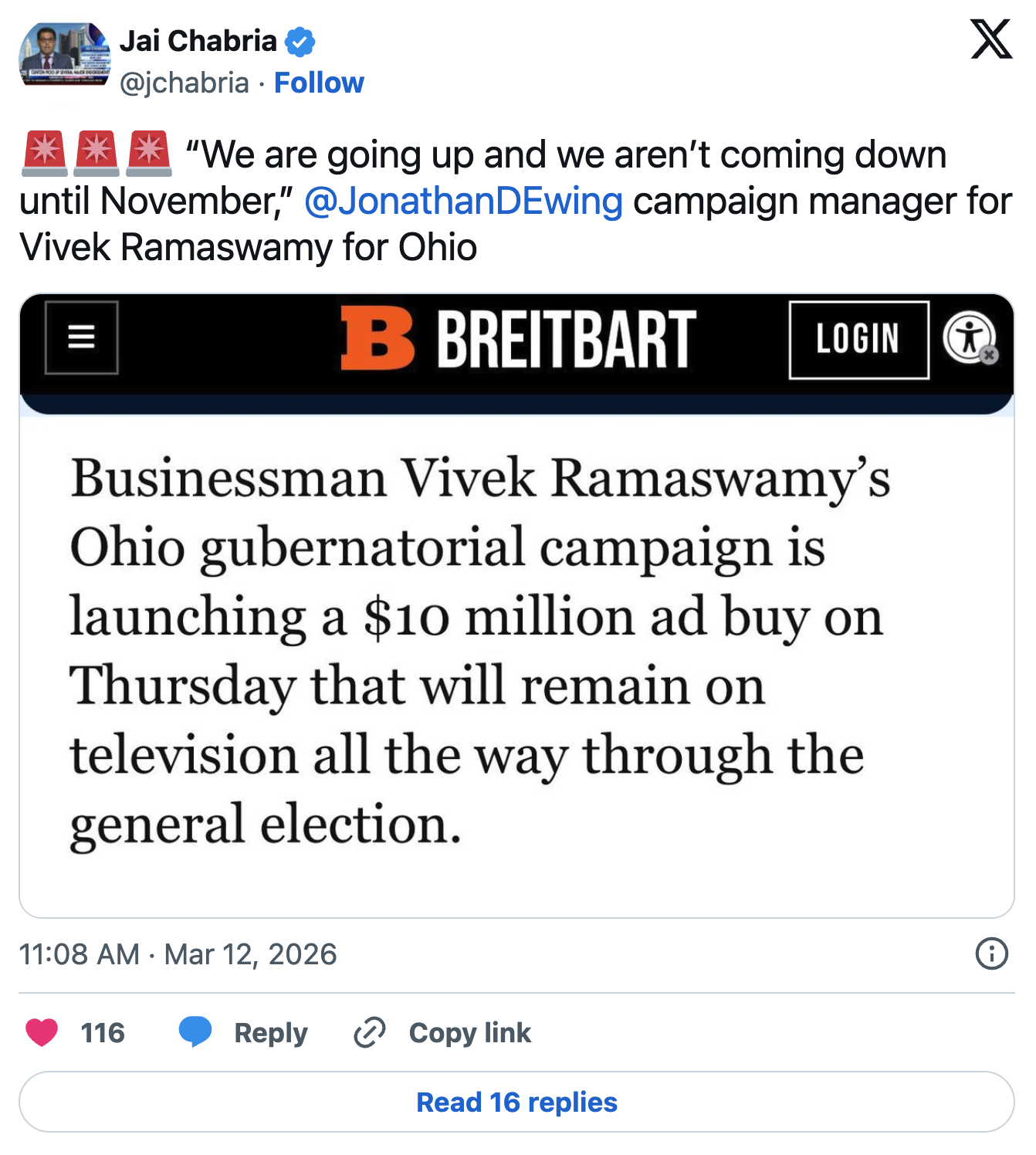 Jai Chabria post about Vivek Ramaswamy $10 million ad buy