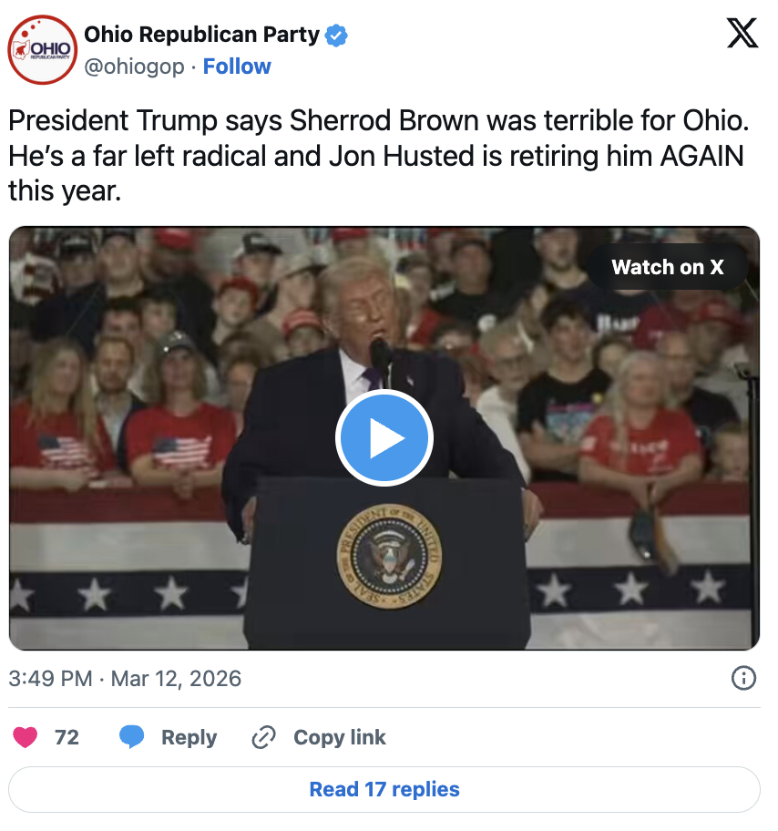 Ohio Republican Party post — Trump says Sherrod Brown was terrible for Ohio