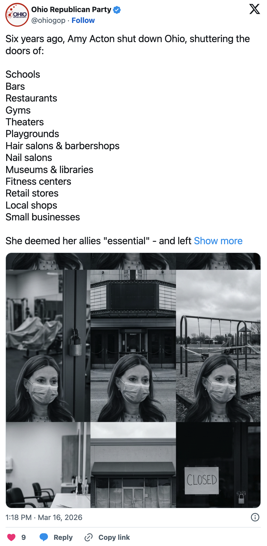 Ohio Republican Party post — Six years ago, Amy Acton shut down Ohio