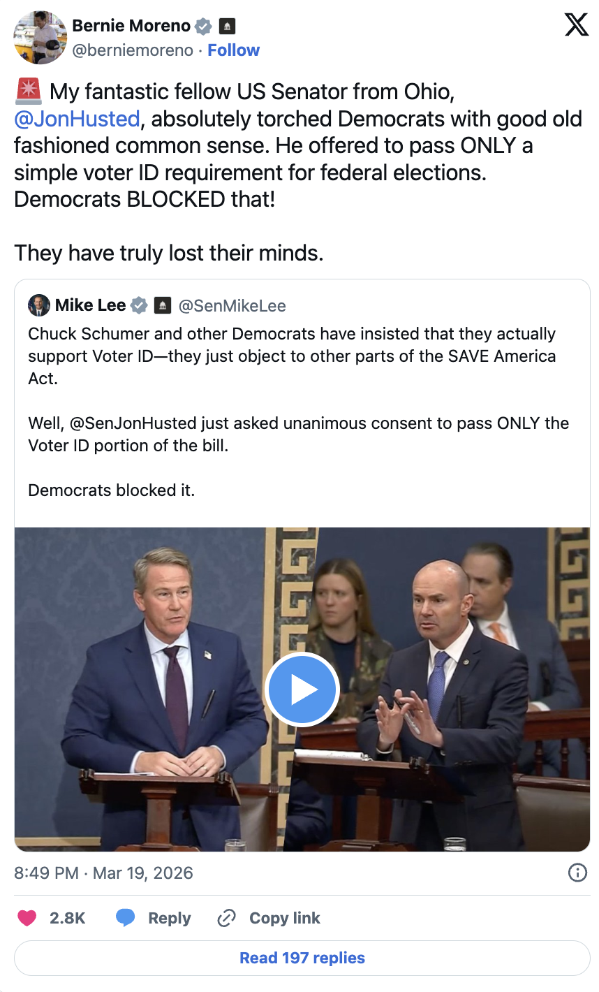Senator Bernie Moreno post about Voter ID
