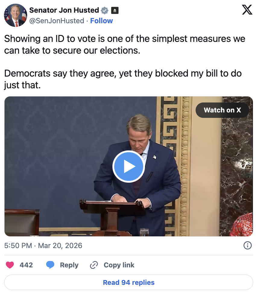 Senator Jon Husted post about Voter ID