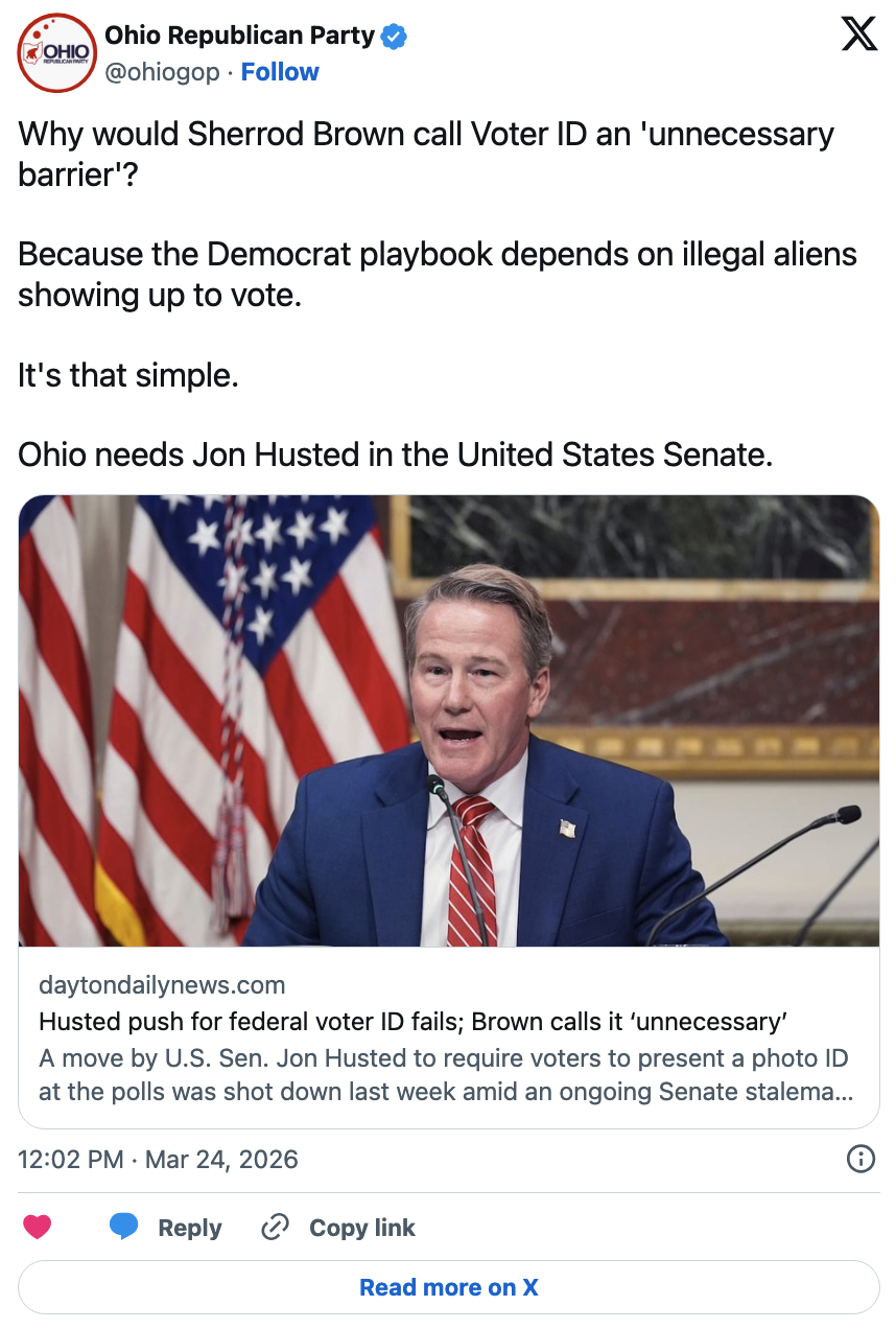Ohio GOP post on Sherrod Brown and Voter ID
