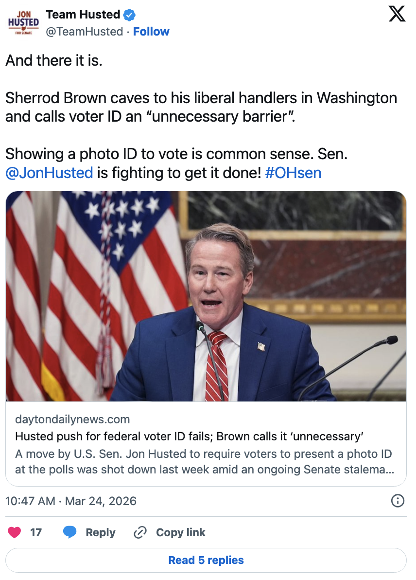 Team Husted post on Sherrod Brown and Voter ID