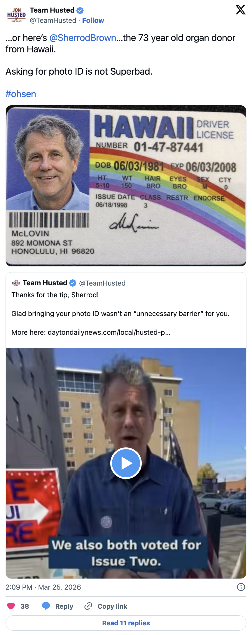 Team Husted post on Sherrod Brown