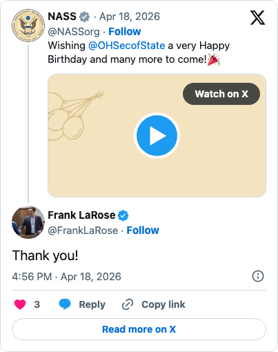 Gratitude from Ohio's Secretary of State